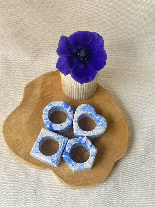  Ronds de serviette bleu marbrés 