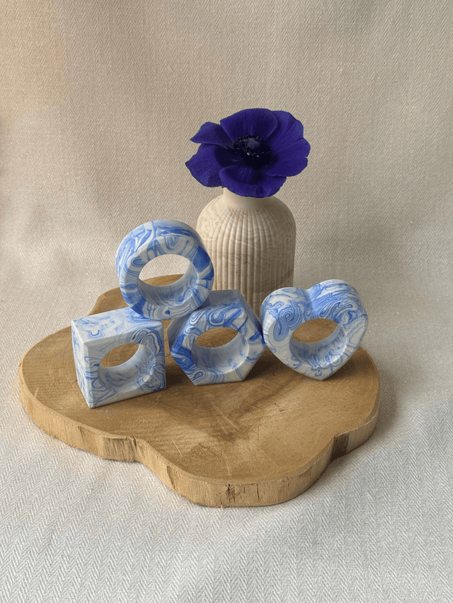  Ronds de serviette bleu marbrés 